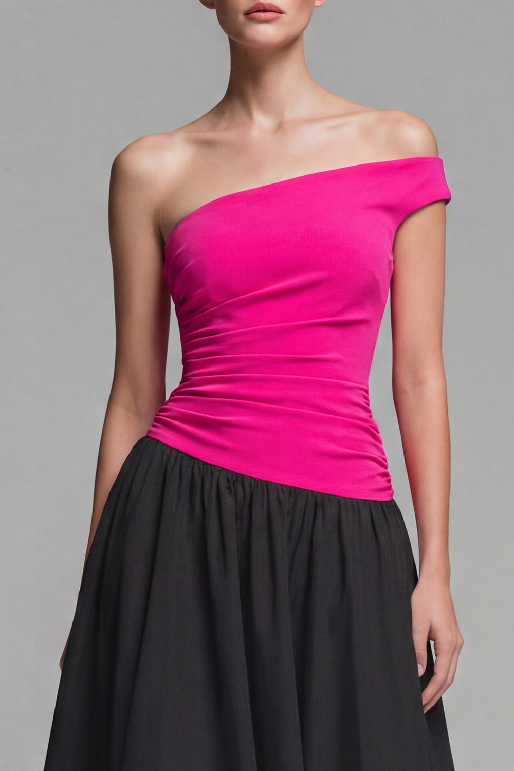 Fuchsia and Black A Line Patchwork One Shoulder Long Formal Dress