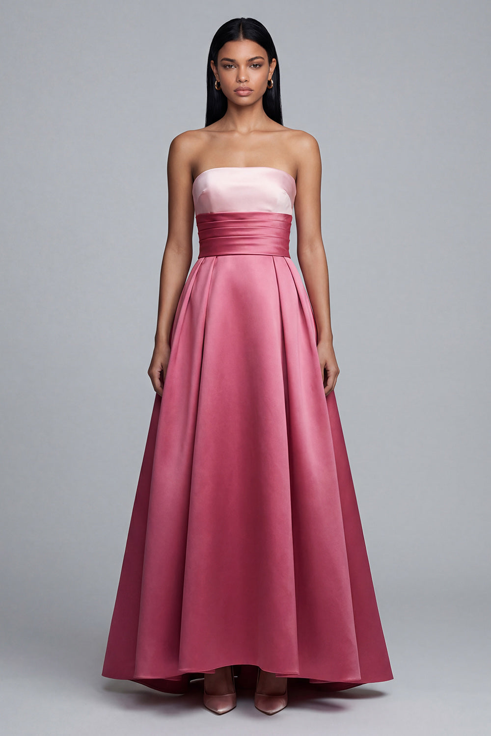 Pink Satin Long A Line Strapless Patchwork Formal Dress