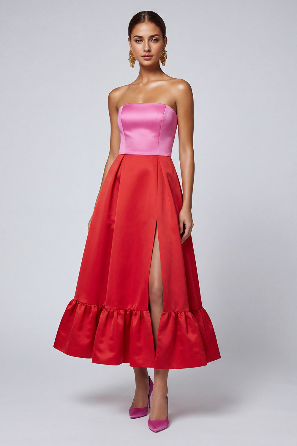 Pink and Red Patchwork Strapless Long Formal Dress with Slit