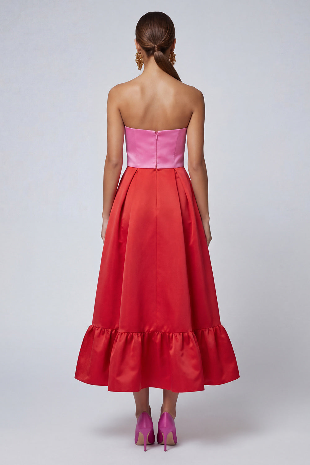 Pink and Red Patchwork Strapless Long Formal Dress with Slit
