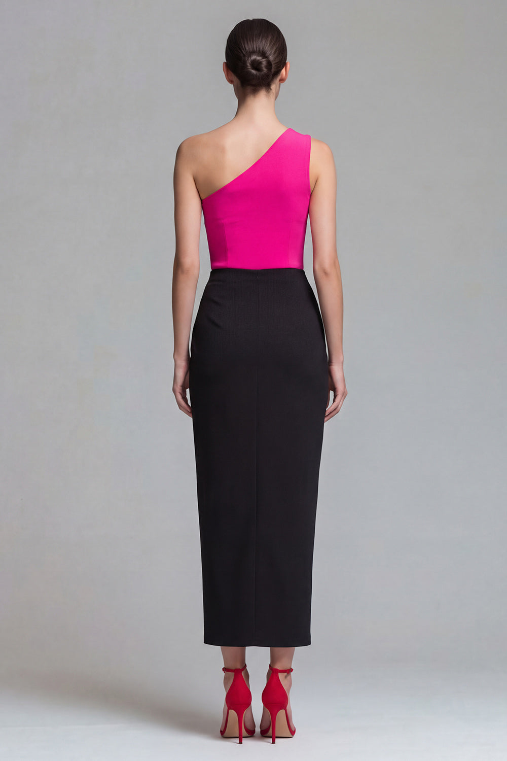 Fuchsia and Black One Shoulder Long Patchwork Formal Dress