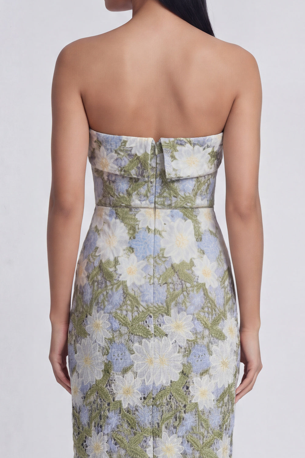 Green Strapless Maxi Floral Sheath Prom Dress