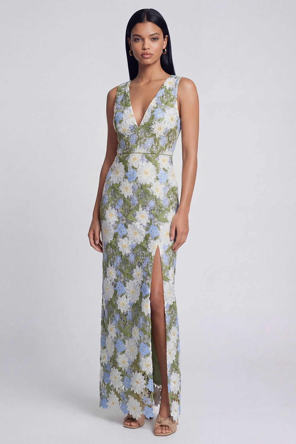 Green Maxi V-Neck Sheath Floral Prom Dress with Slit