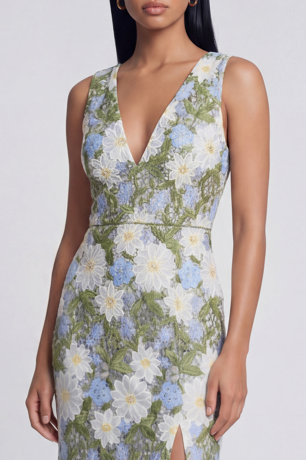 Green Maxi V-Neck Sheath Floral Prom Dress with Slit