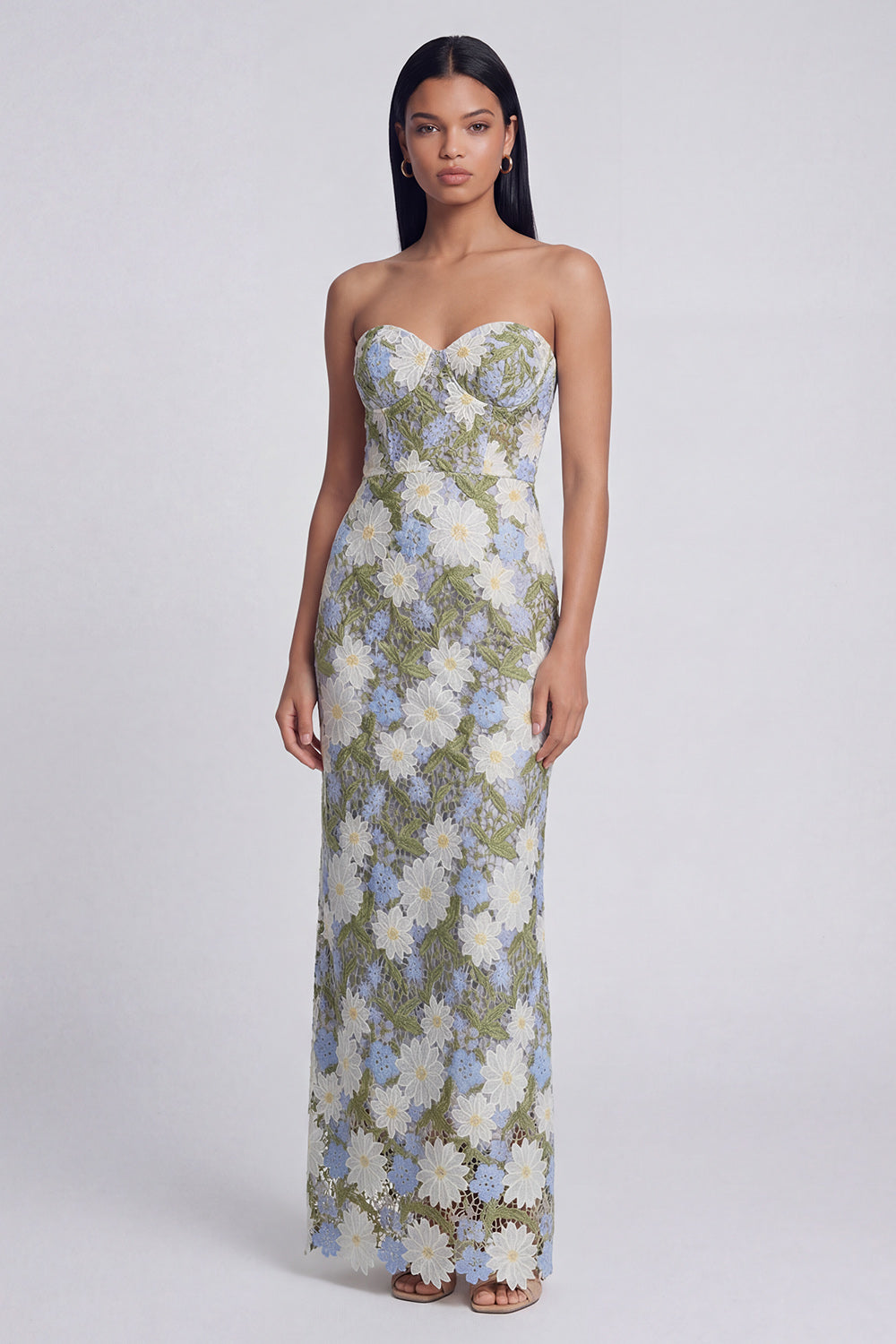 Green Maxi Sheath Strapless Floral Prom Dress