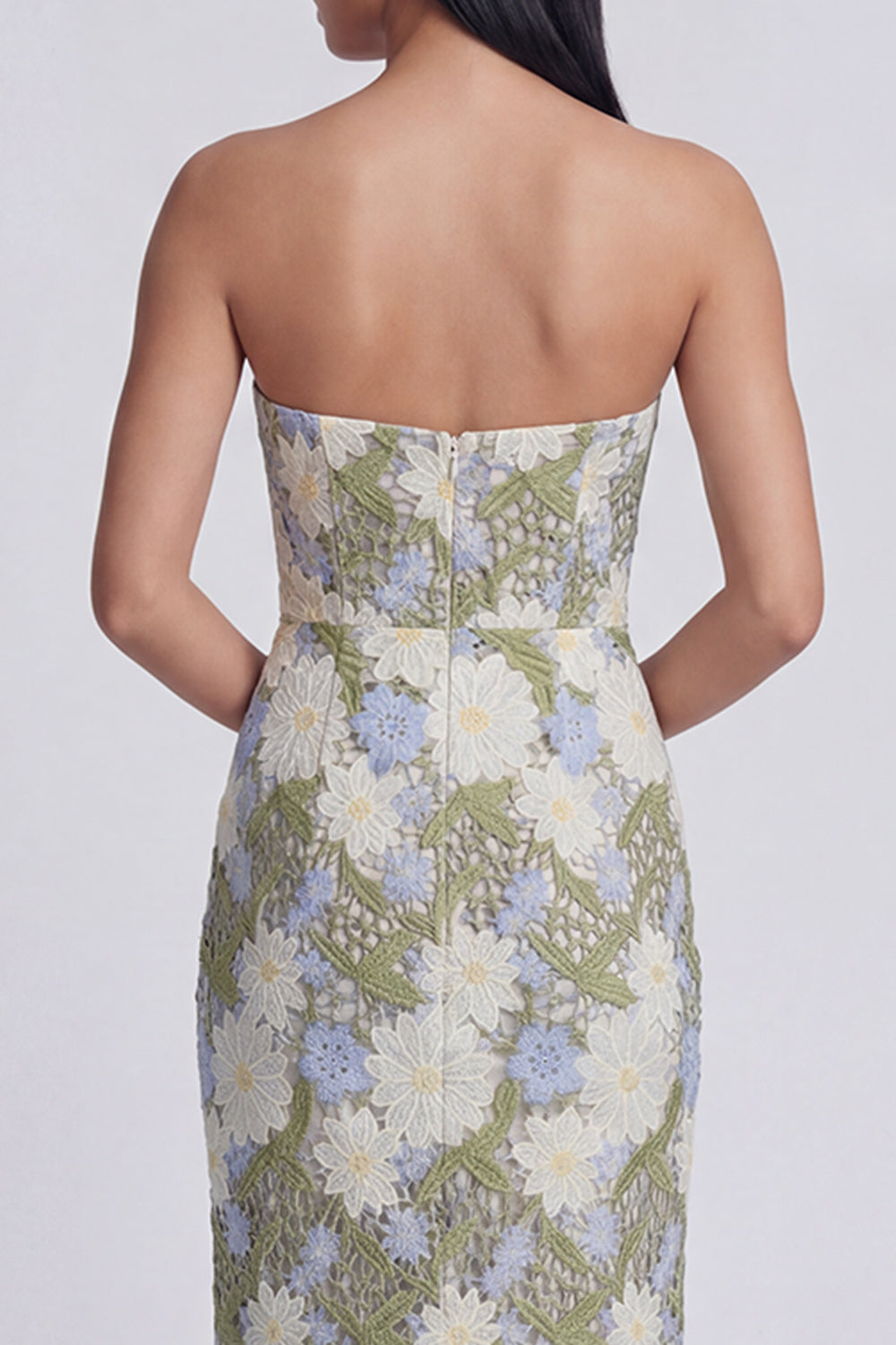 Green Maxi Sheath Strapless Floral Prom Dress