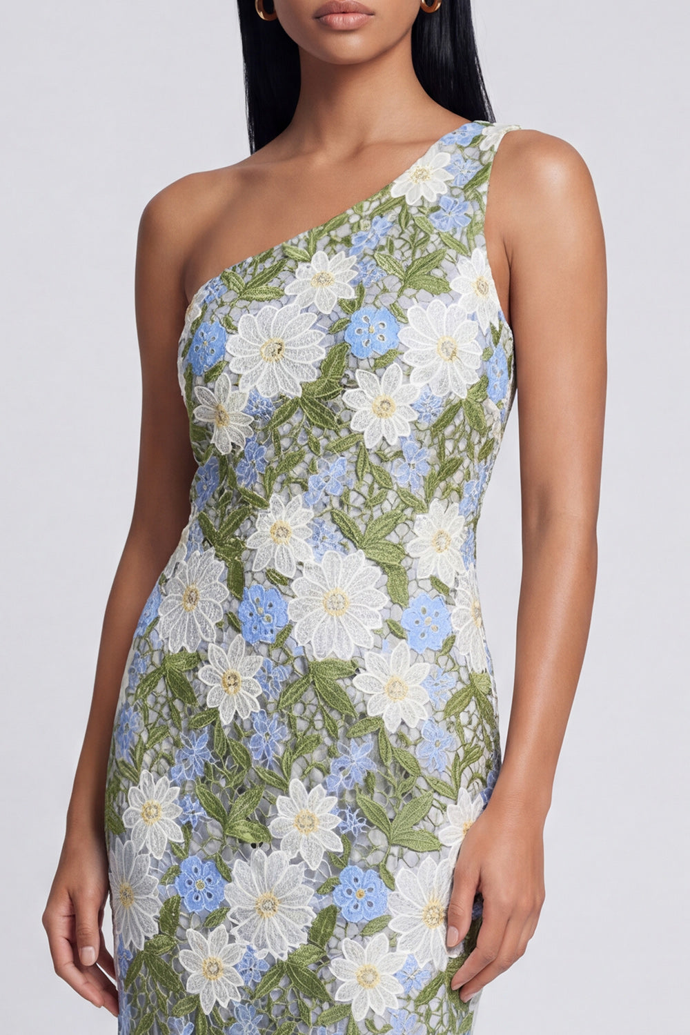 Green Floral One Shoulder Sheath Maxi Prom Dress