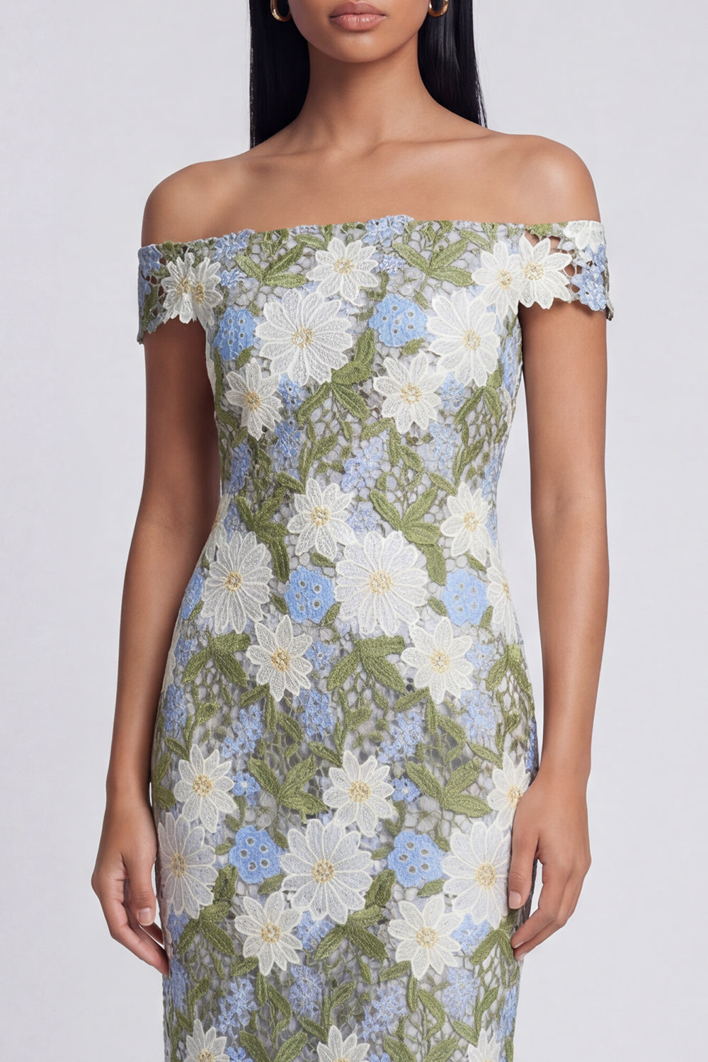 Green Floral Off the Shoulder Sheath Maxi Prom Dress