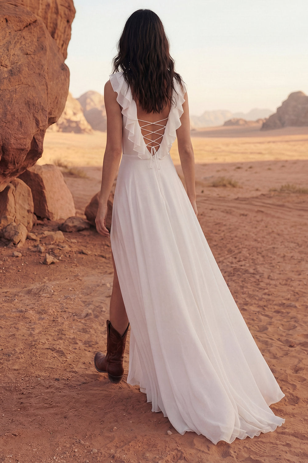 A Line Ivory Maxi Ruffled V-Neck Beach Engagement Dress with Slit