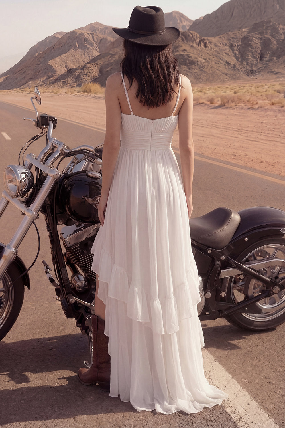Ivory A Line Spaghetti Straps High-Low Beach Engagement Dress with Ruffles