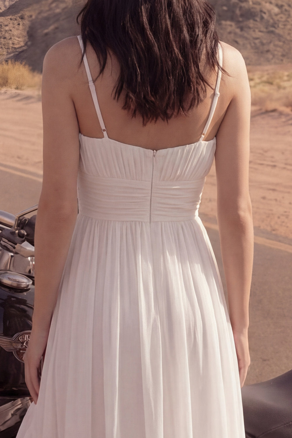 Ivory A Line Spaghetti Straps High-Low Beach Engagement Dress with Ruffles