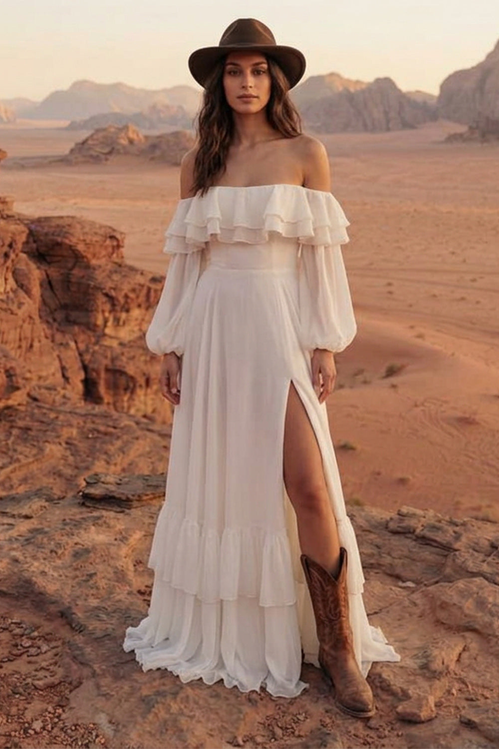 Ivory Maxi A Line Beach Engagement Dress with Ruffles