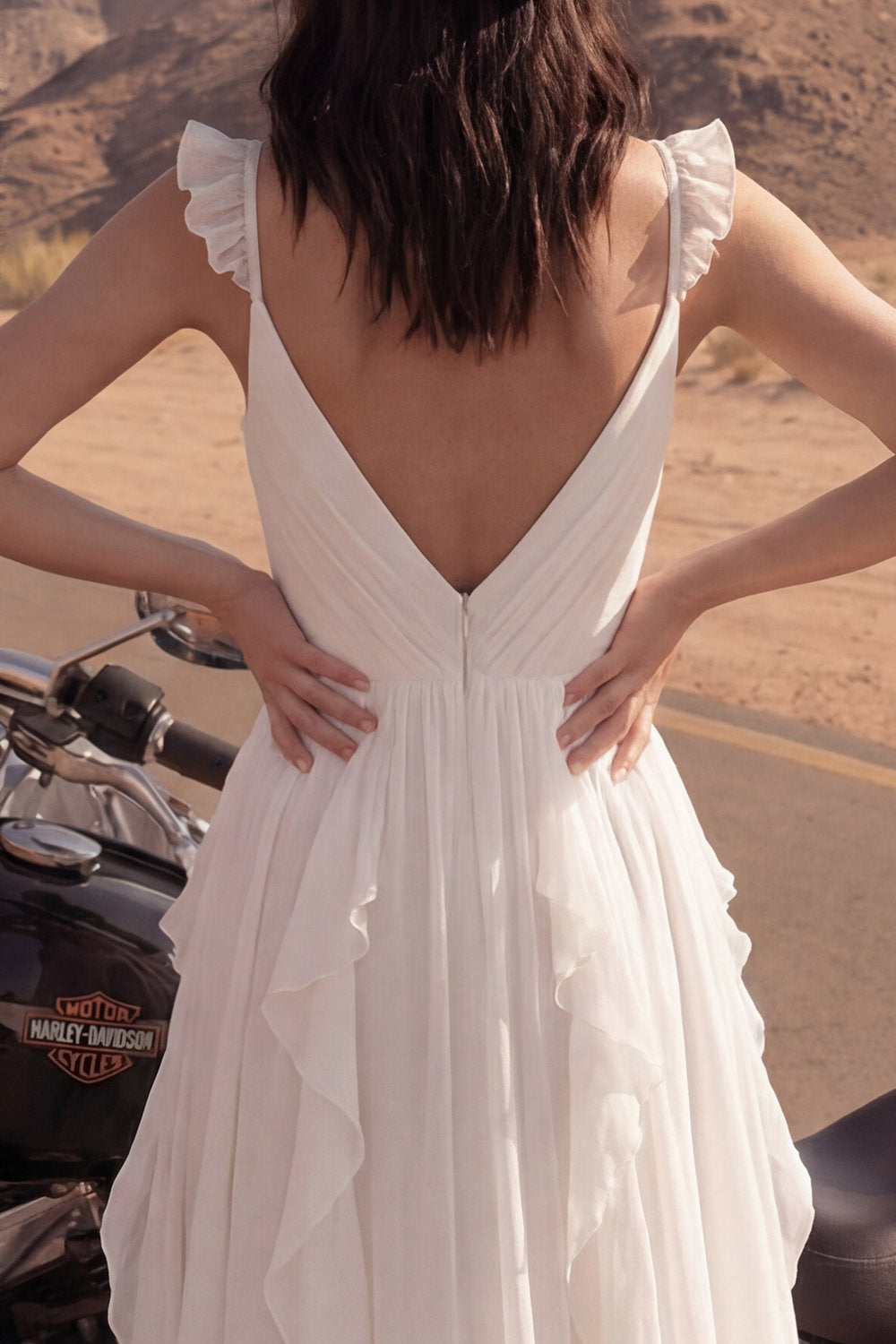 A Line Ivory V-Neck Maxi Beach Engagement Dress with Ruffles