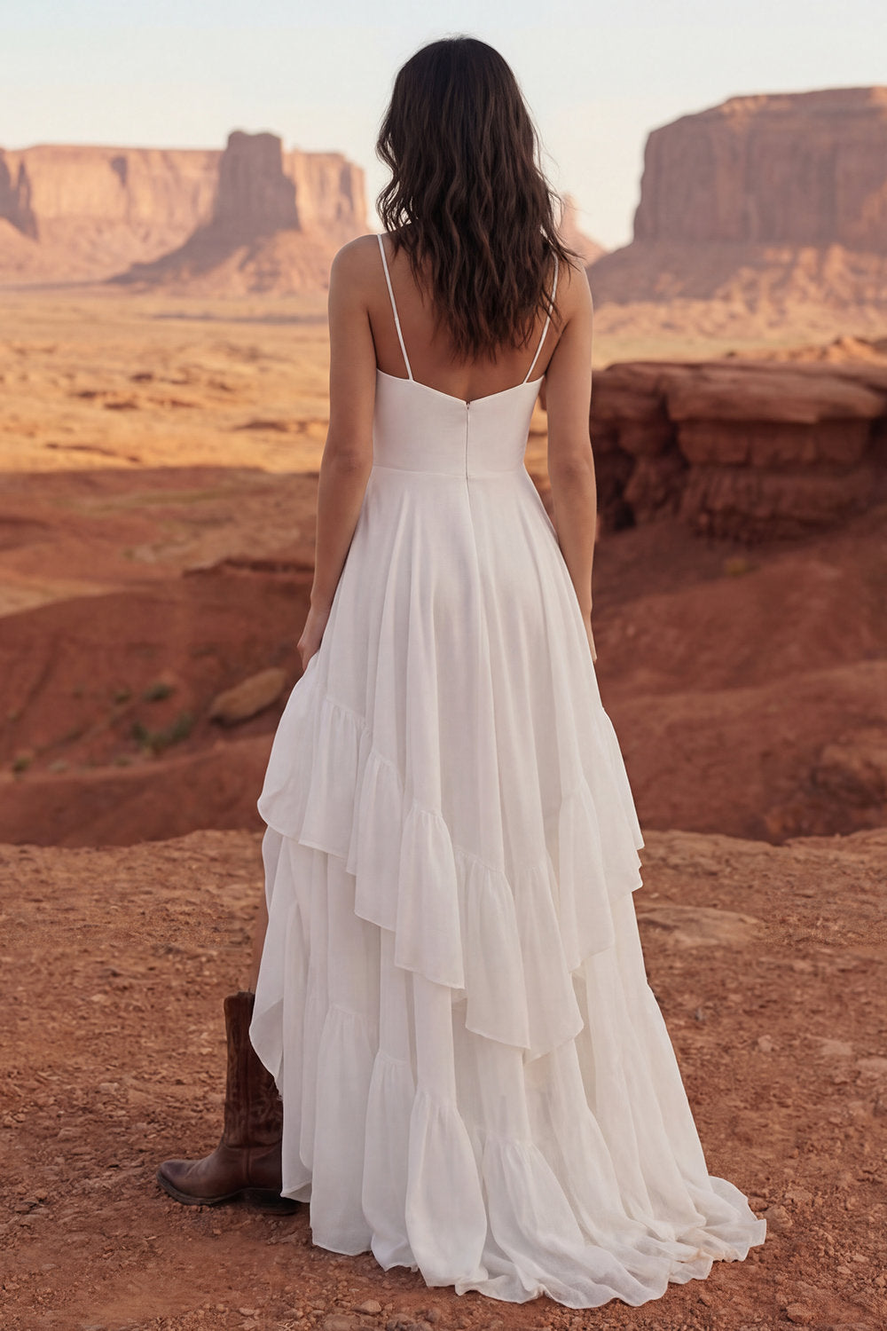 Ivory Spaghetti Straps Maxi A Line Beach Engagement Dress with Ruffles