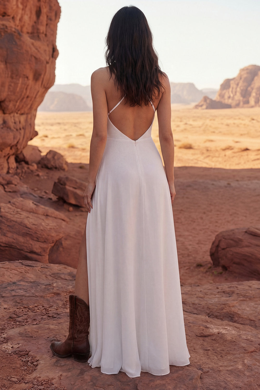 A Line Ivory Maxi Halter Backless Beach Engagement Dress with Slit
