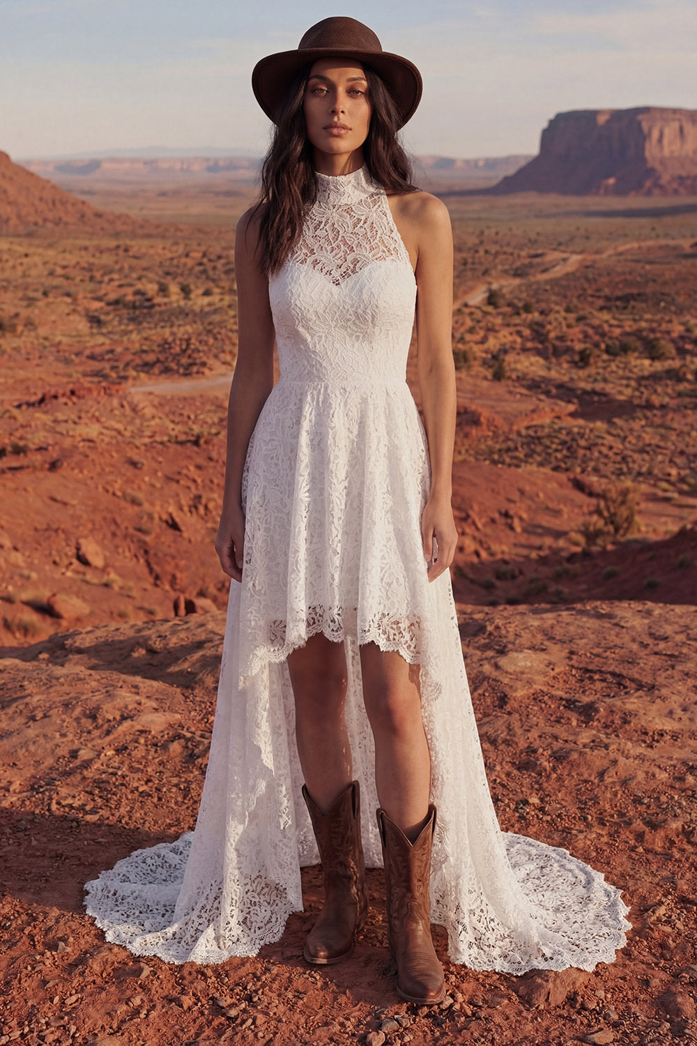 Ivory A Line Floral High Low Lace Boho Engagement Dress