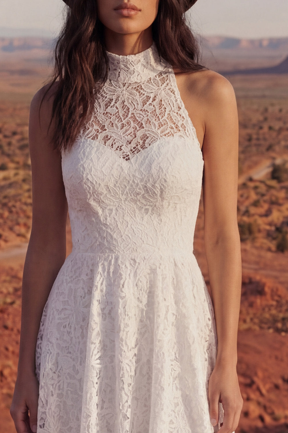 Ivory A Line Floral High Low Lace Boho Engagement Dress