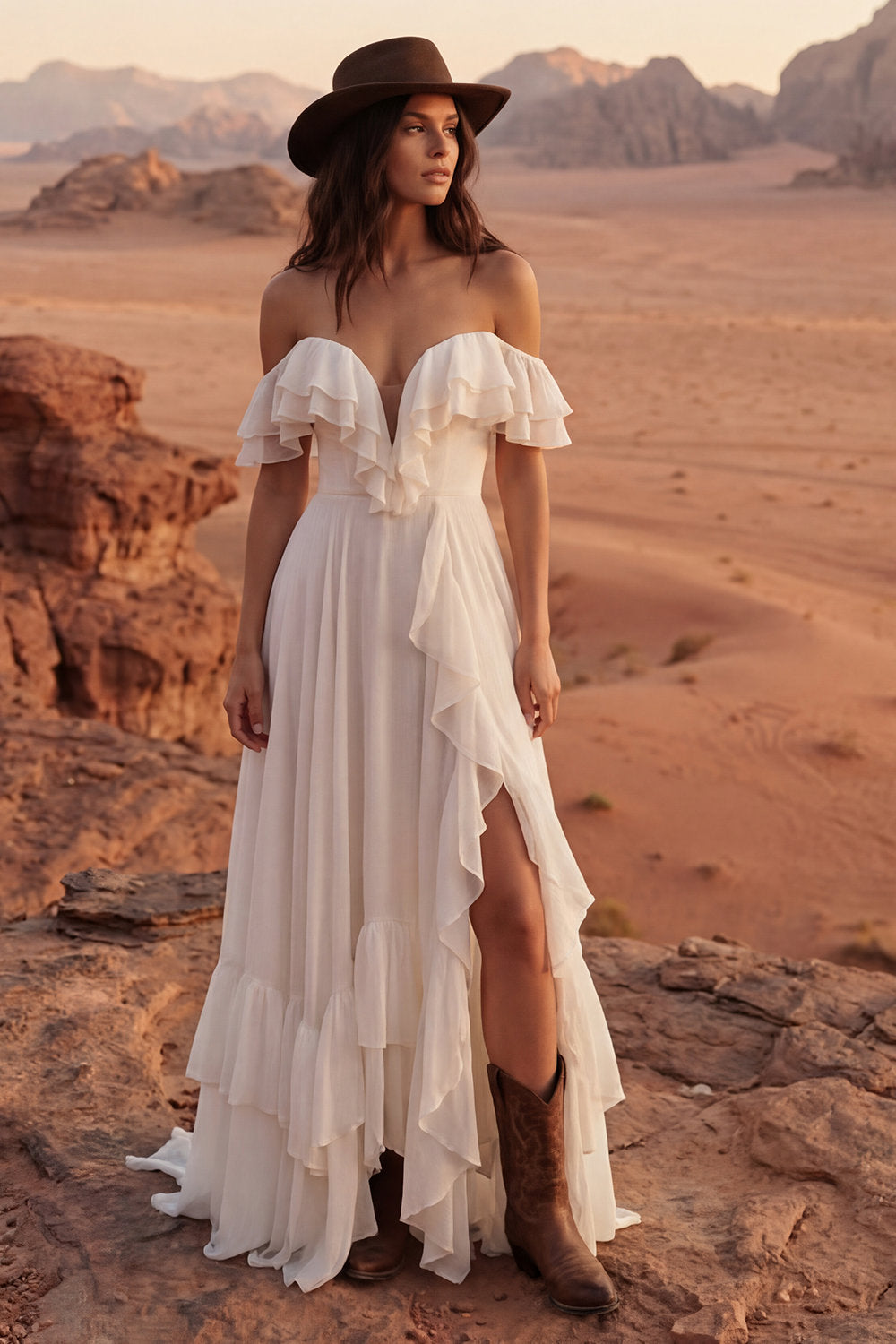 Ivory A Line Off the Shoulder Maxi Beach Engagement Dress with Ruffles