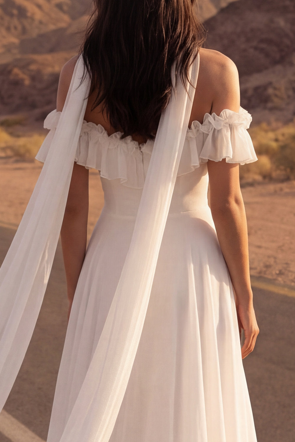 Chiffon A Line Ivory Neck Scarf Ruffled Beach Engagement Dress