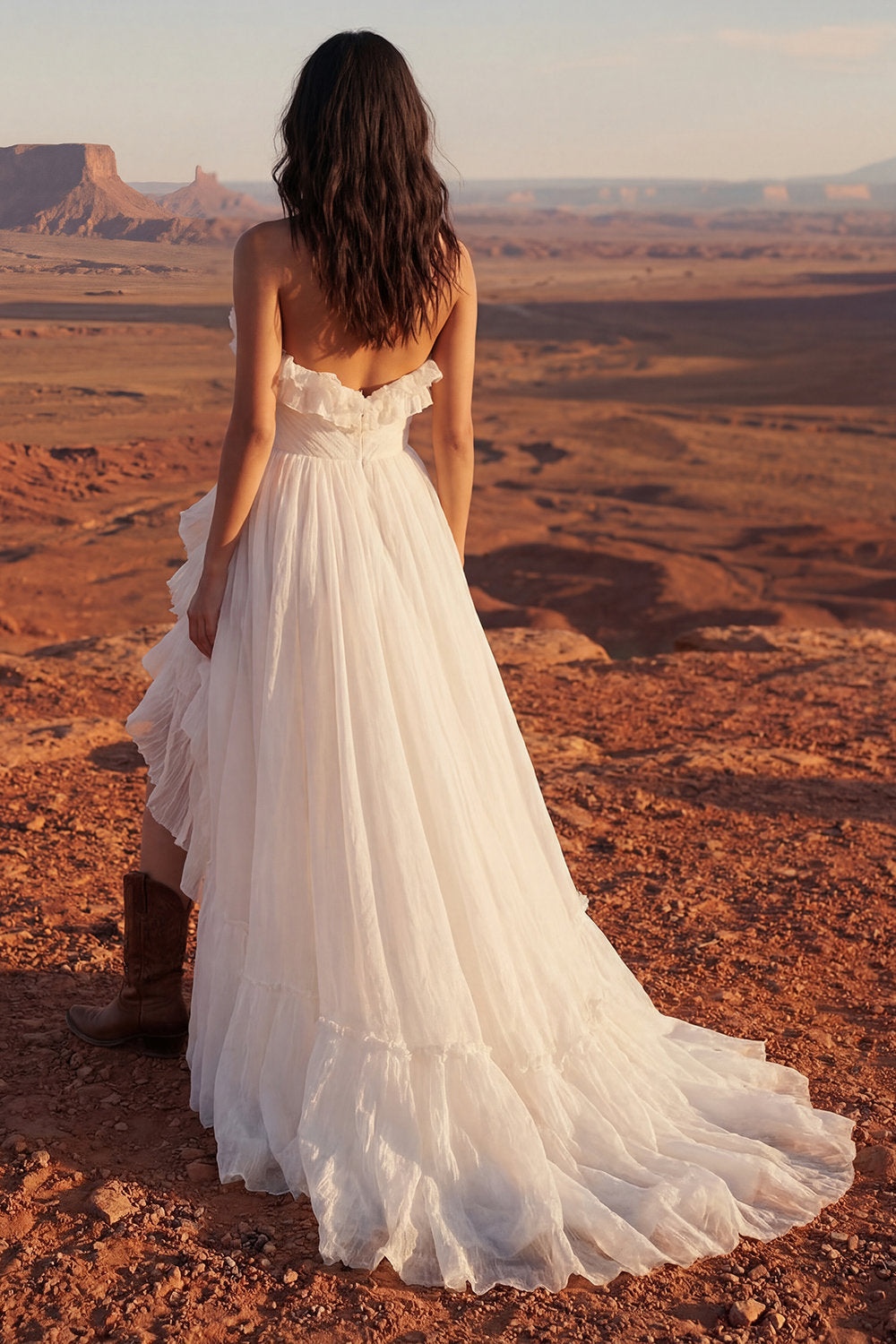 Maxi Strapless Ivory A Line Beach Engagement Dress with Ruffles