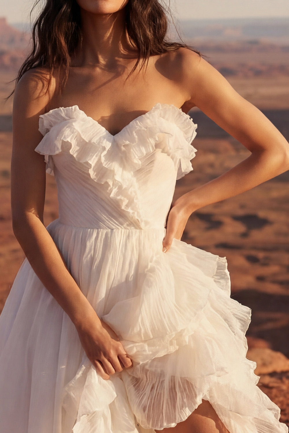 Maxi Strapless Ivory A Line Beach Engagement Dress with Ruffles