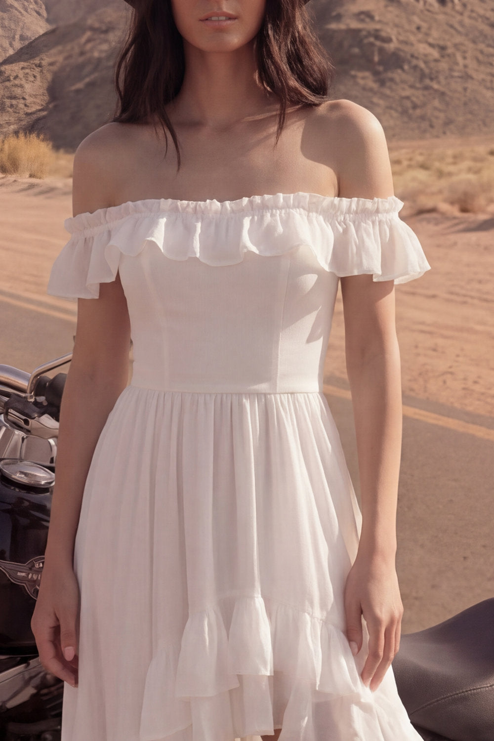 A Line Ivory High-Low Beach Engagement Dress with Ruffles