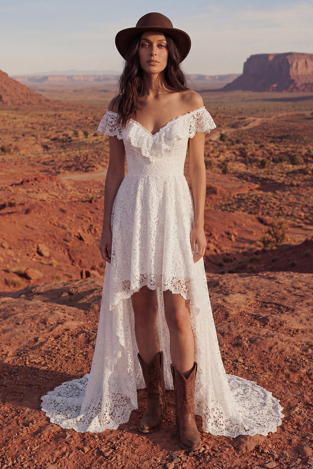 Ivory A Line High Low Floral Boho Engagement Dress