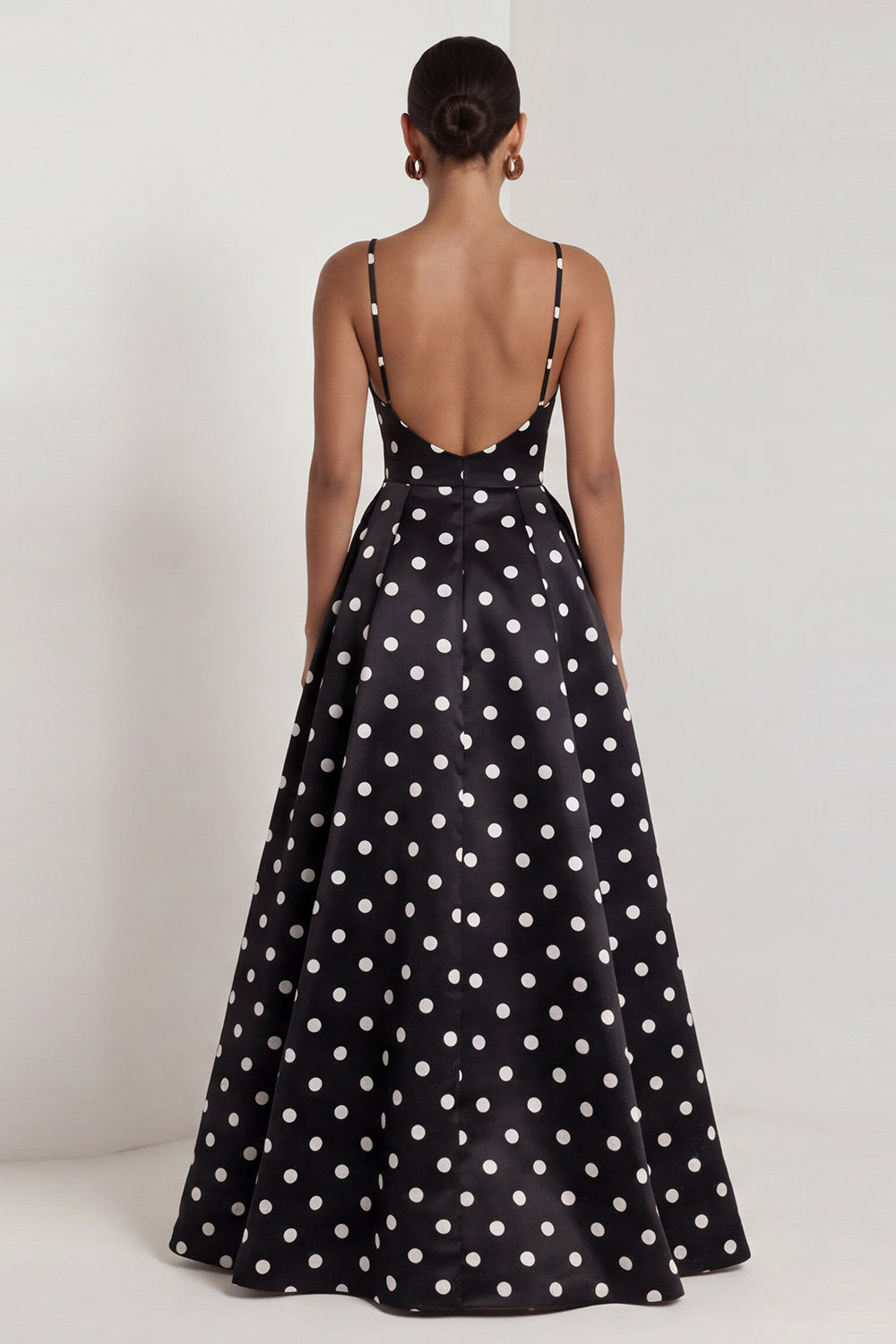 Black and White Polka Dots Spagetti Straps Ruched Long A Line Formal Dress