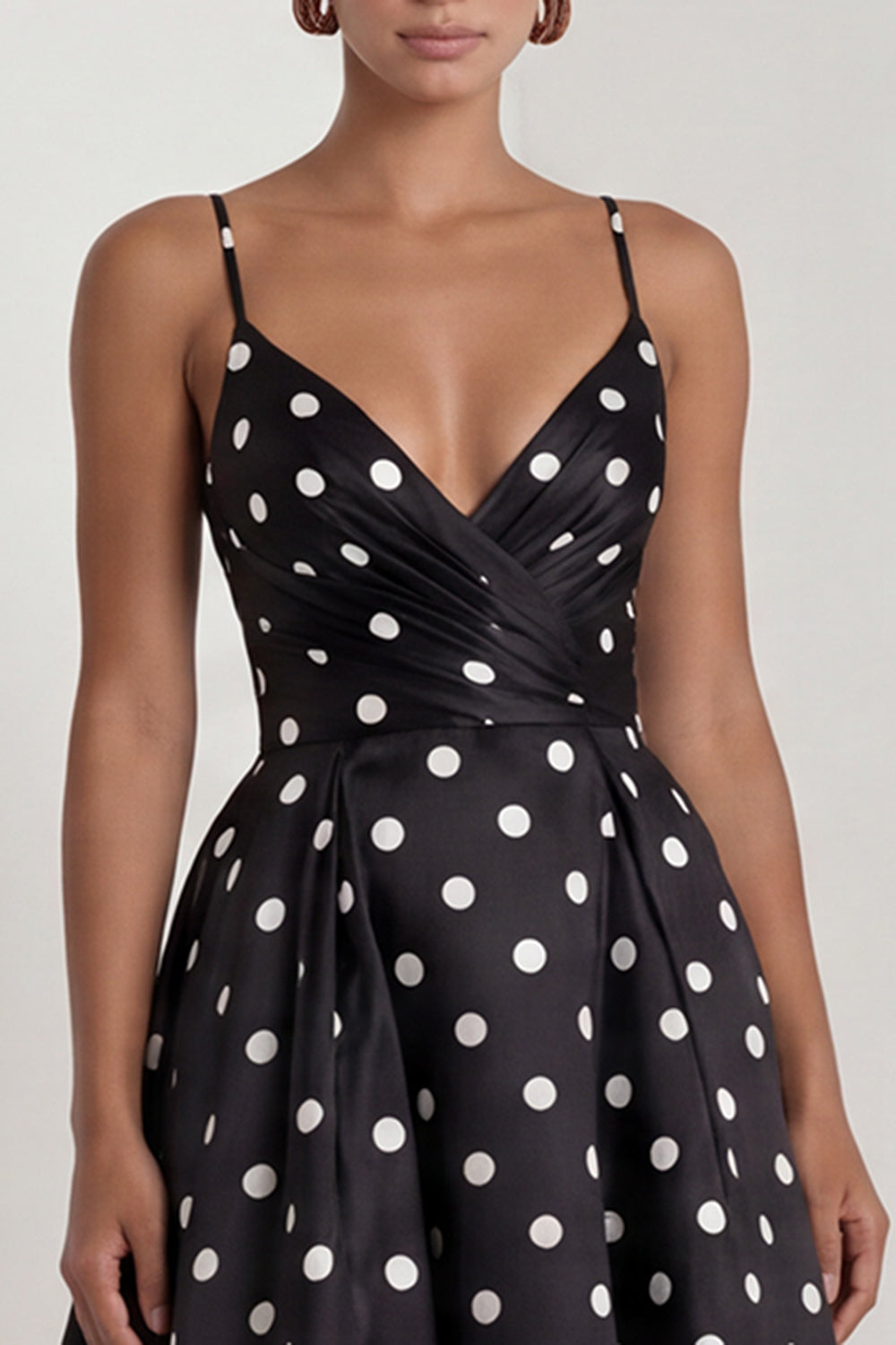 Black and White Polka Dots Spagetti Straps Ruched Long A Line Formal Dress