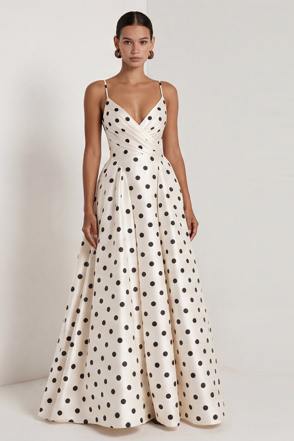 Black and White Polka Dots Spagetti Straps Ruched Long A Line Formal Dress