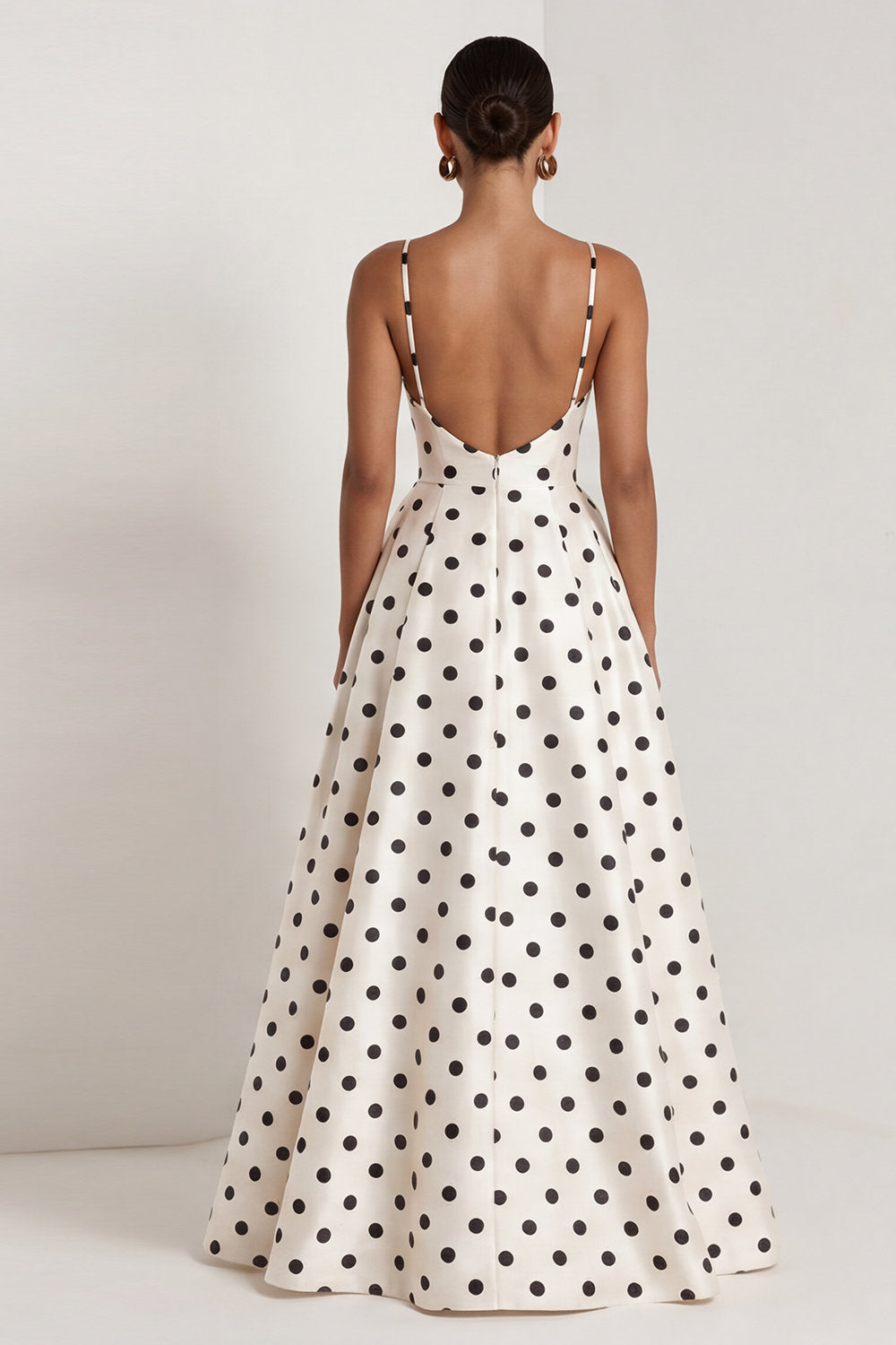 Black and White Polka Dots Spagetti Straps Ruched Long A Line Formal Dress