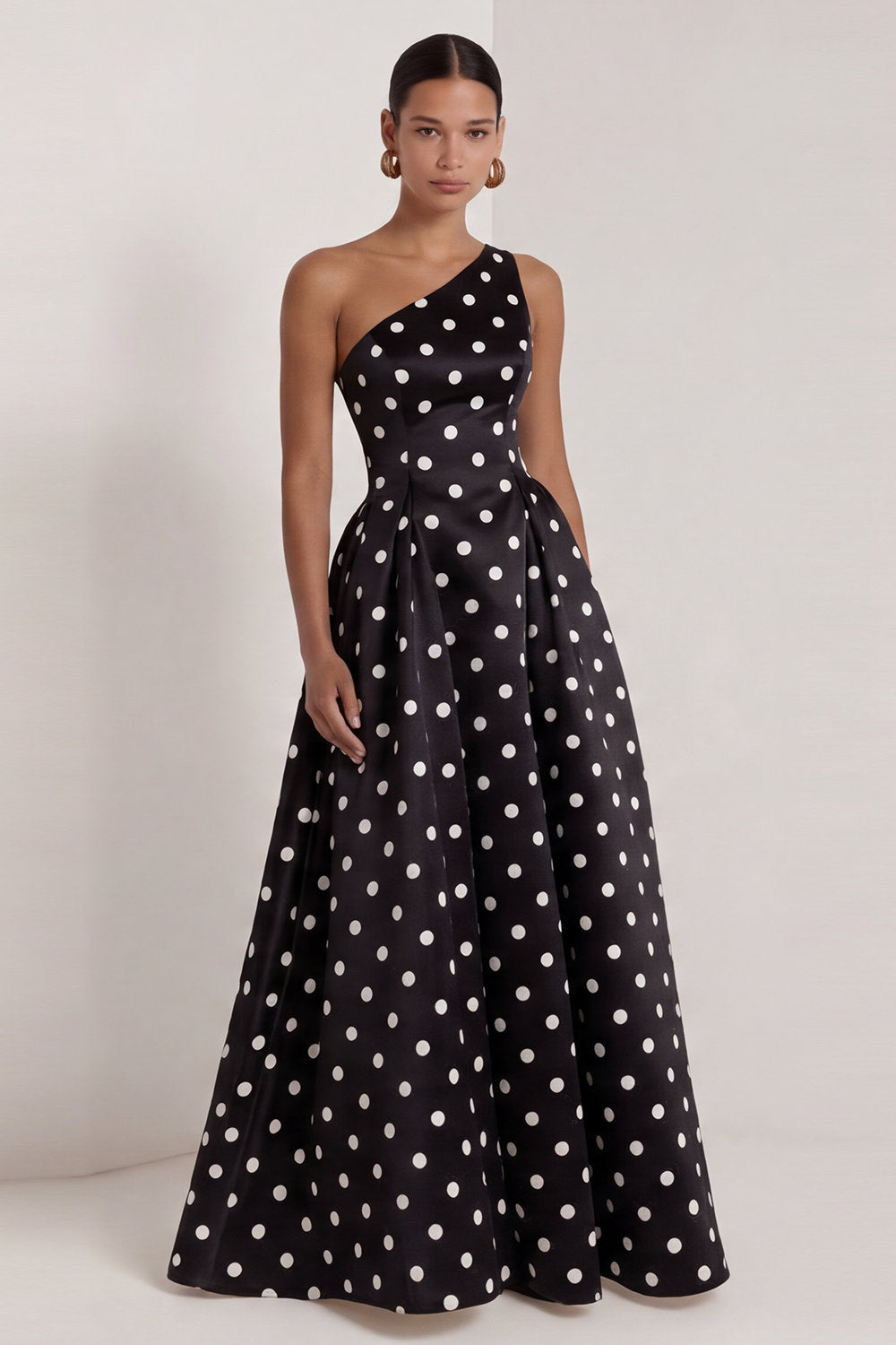 Black and White One Shoulder Polka Dots Long A Line Formal Dress