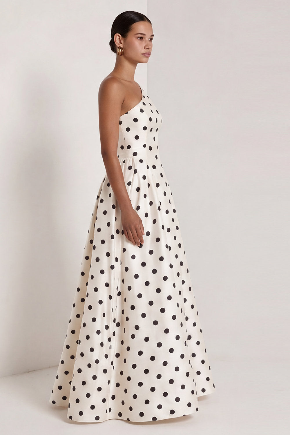 Black and White One Shoulder Polka Dots Long A Line Formal Dress