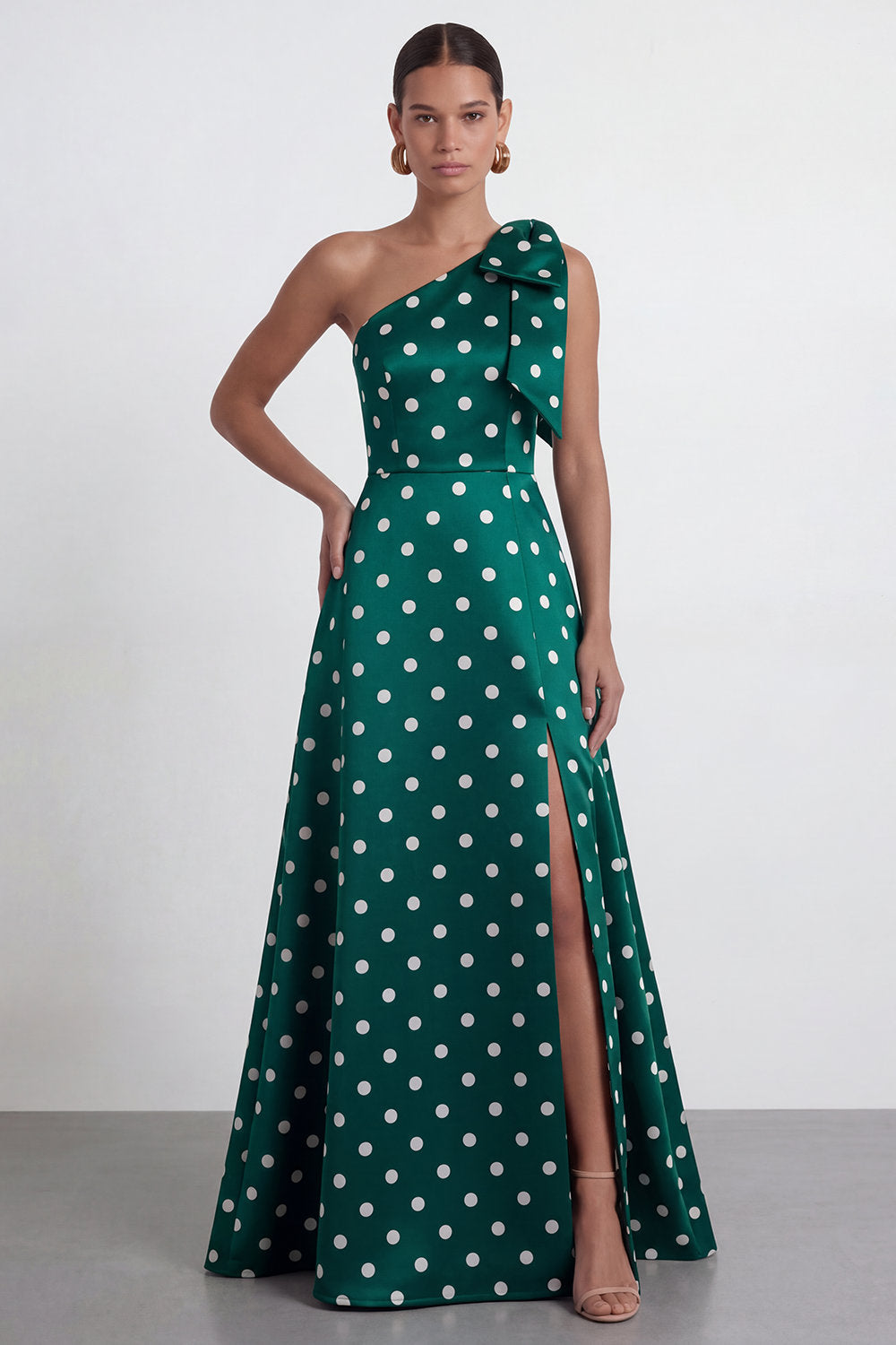 A Line Polka Dots Black and White Long Formal Dress with Bow