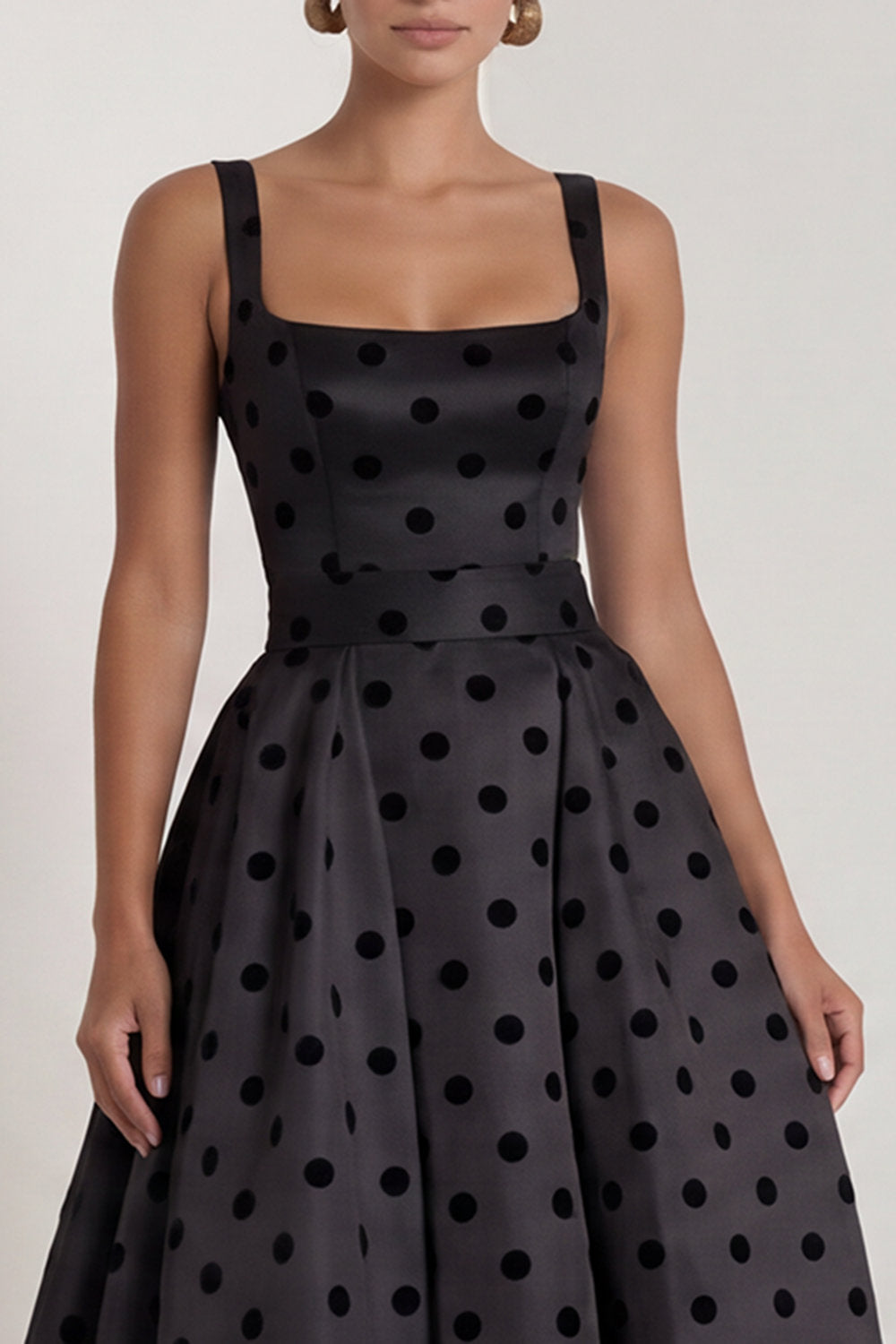 Long A Line Black Polka Dots Square Neck Formal Dress with Bow