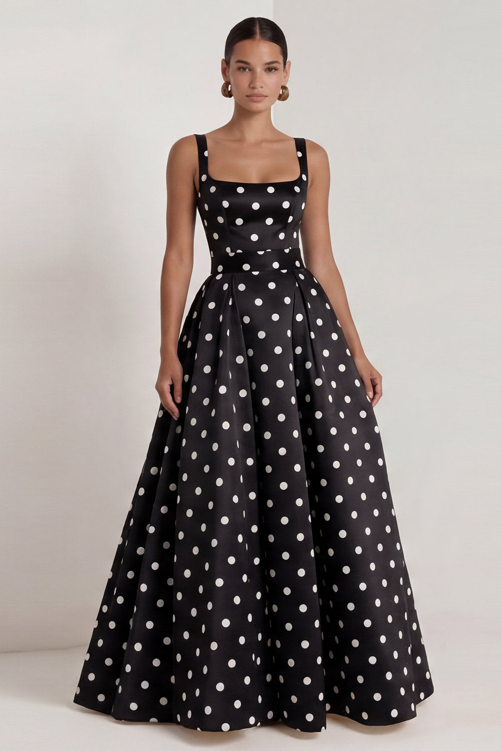 Long A Line Black Polka Dots Square Neck Formal Dress with Bow
