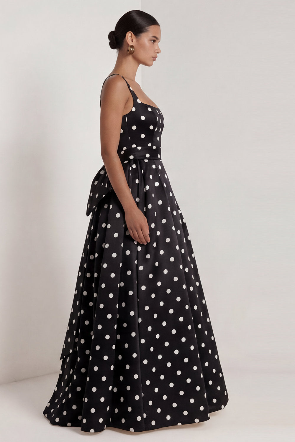 Long A Line Black Polka Dots Square Neck Formal Dress with Bow