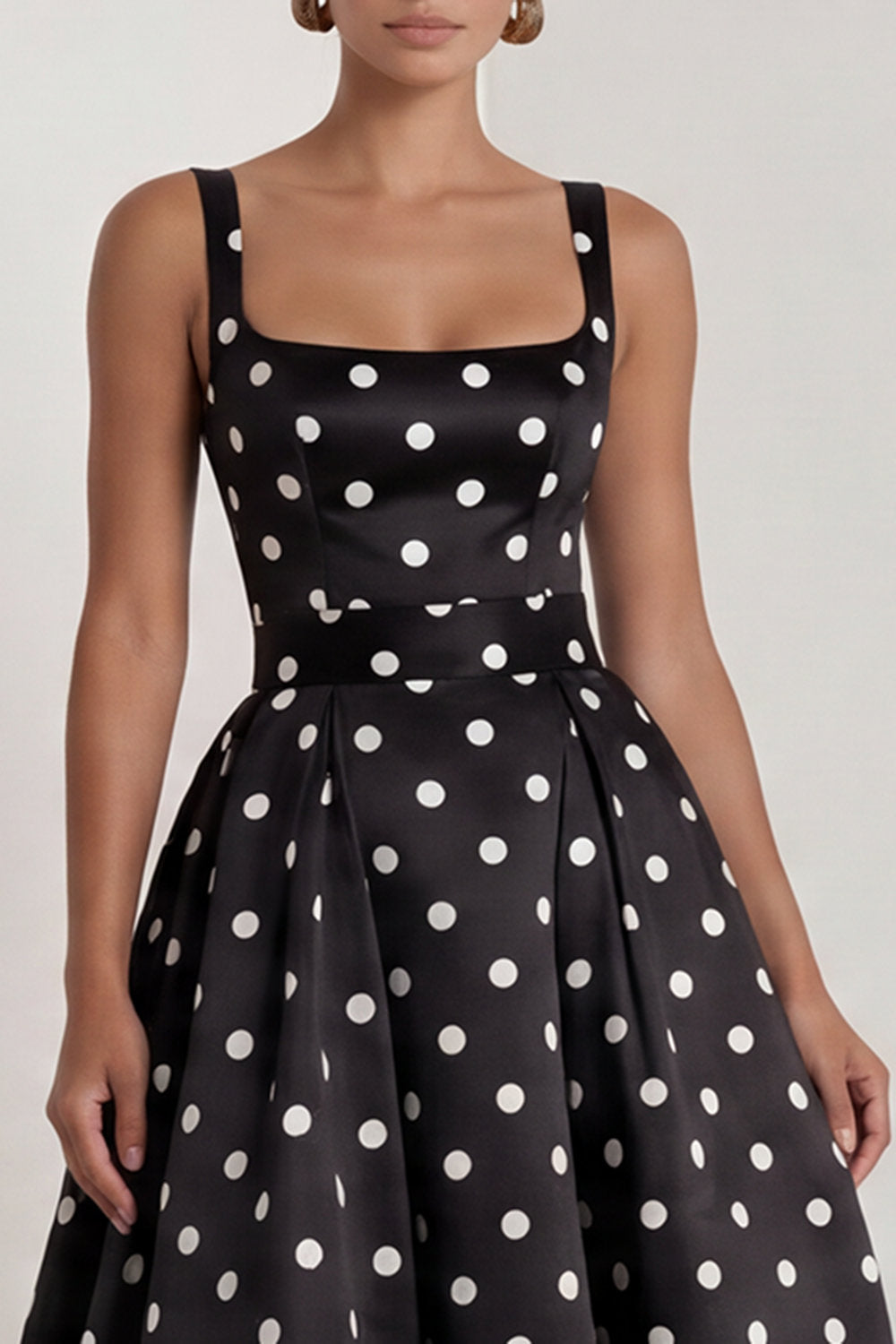 Long A Line Black Polka Dots Square Neck Formal Dress with Bow
