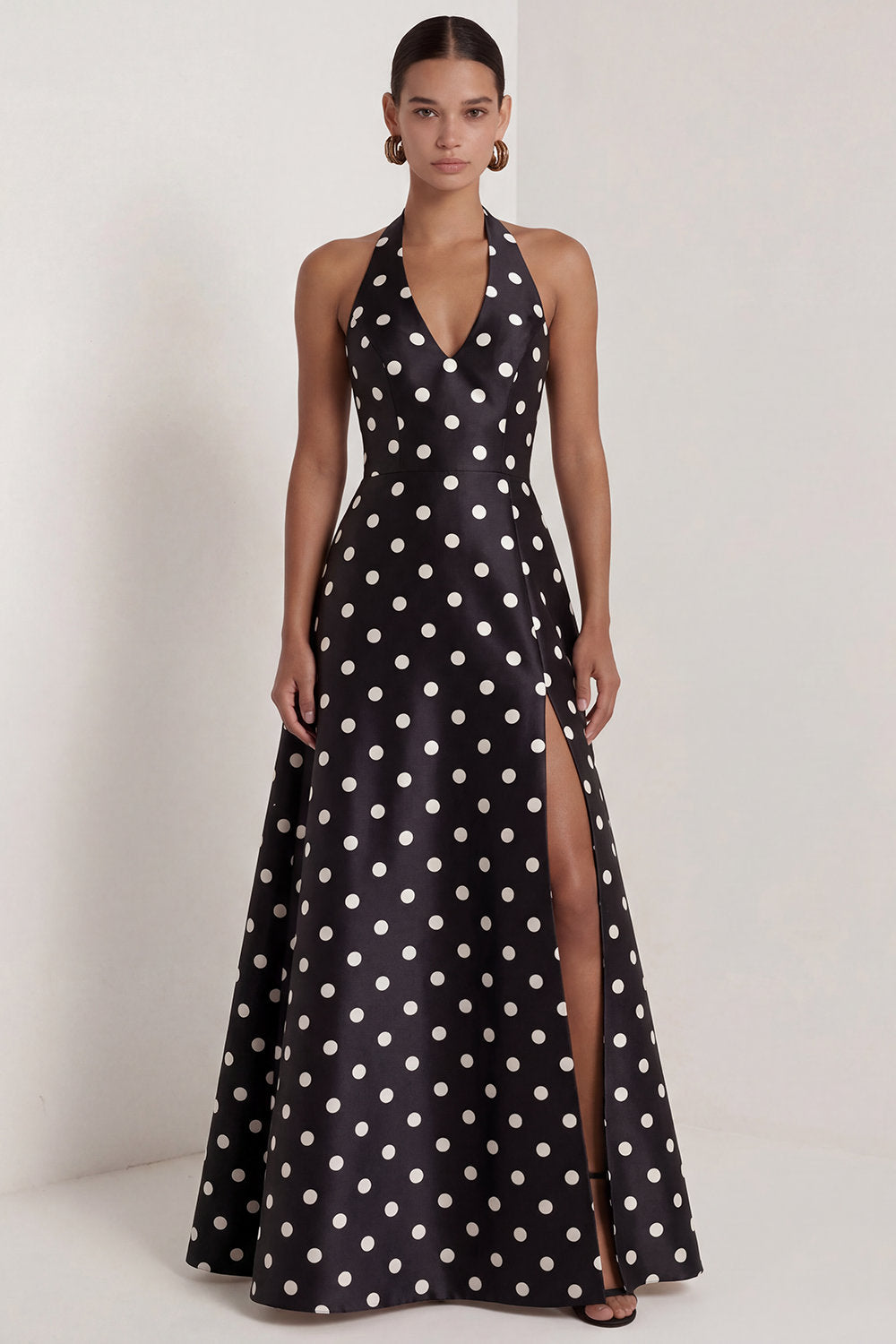 Black and White Polka Dots Halter A Line Long Formal Dress with Bow