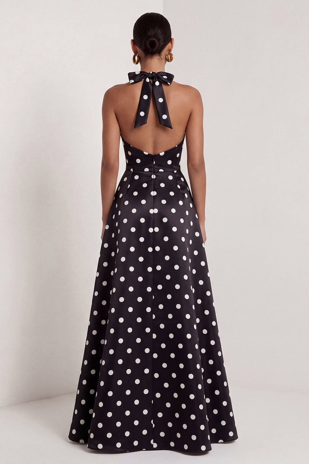 Black and White Polka Dots Halter A Line Long Formal Dress with Bow