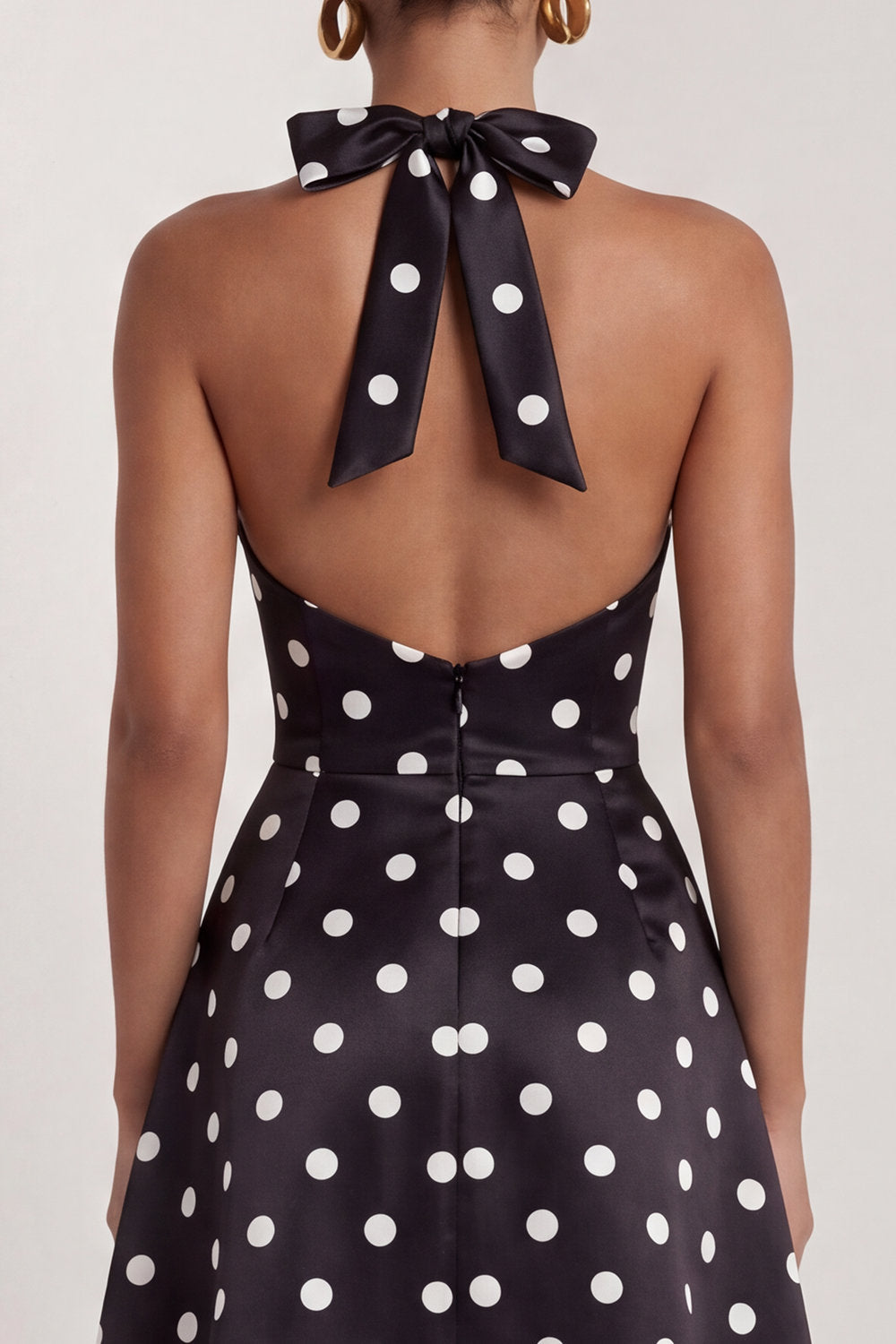 Black and White Polka Dots Halter A Line Long Formal Dress with Bow