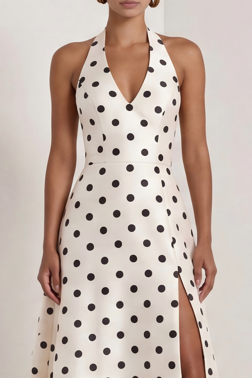 Black and White Polka Dots Halter A Line Long Formal Dress with Bow