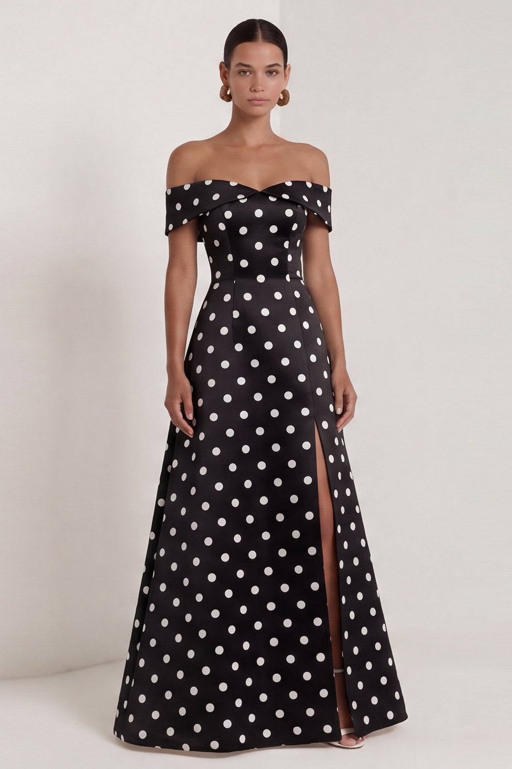 A Line Off the Shoulder Black and White Polka Dots Long Formal Dress with Slit