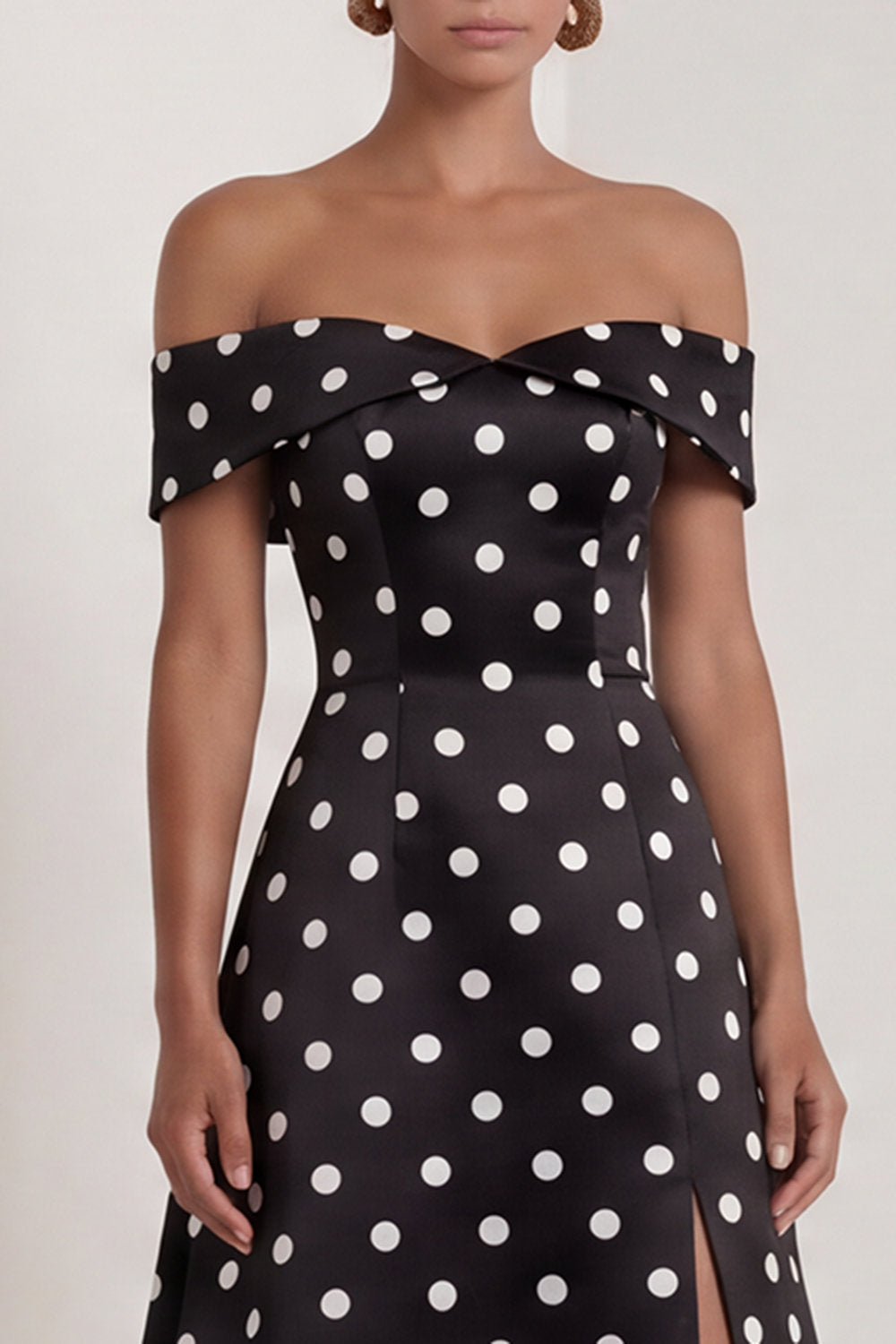 A Line Off the Shoulder Black and White Polka Dots Long Formal Dress with Slit