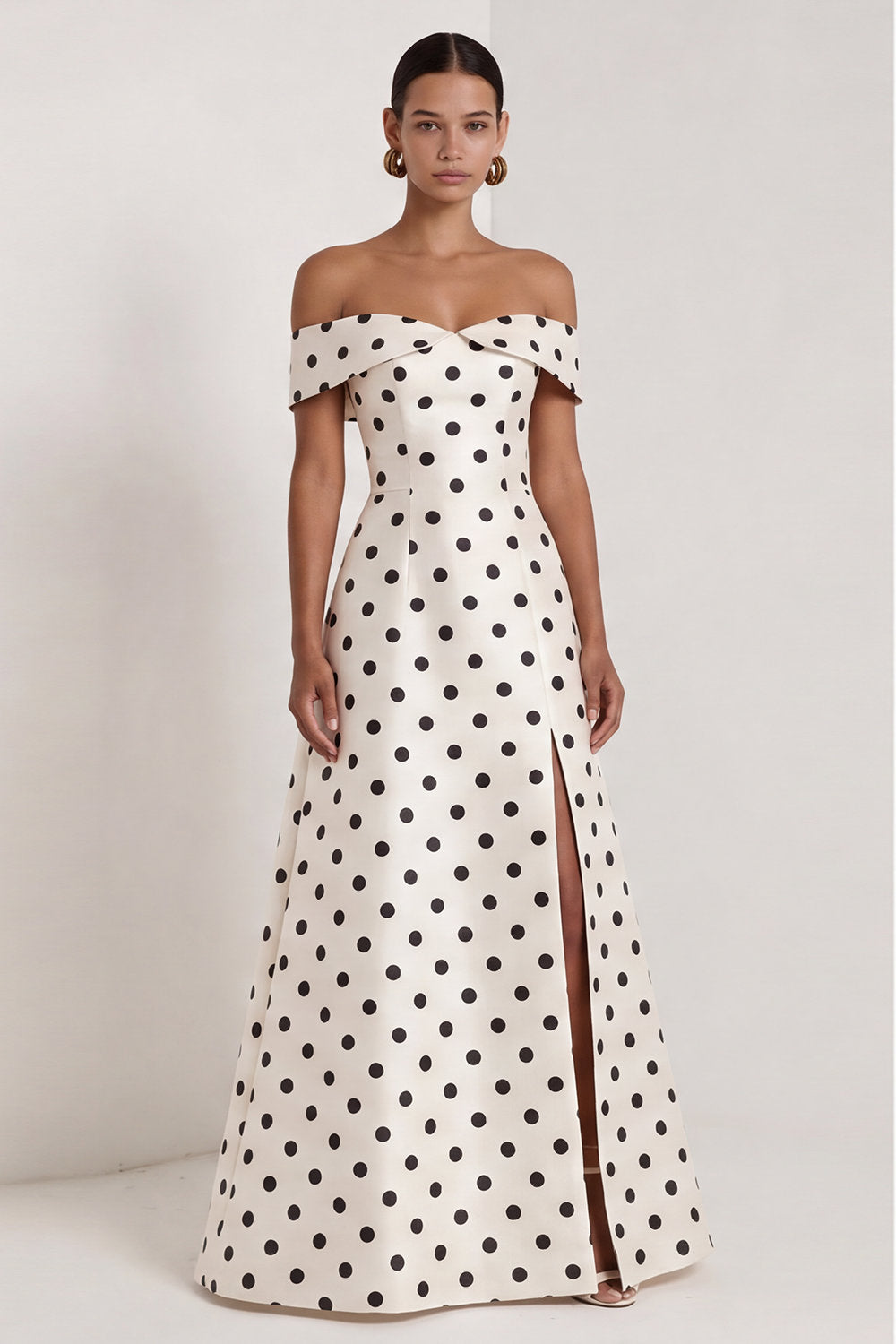 A Line Off the Shoulder Black and White Polka Dots Long Formal Dress with Slit