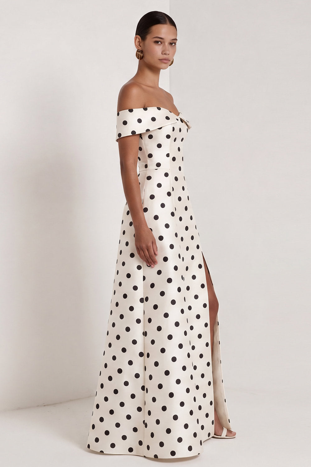 A Line Off the Shoulder Black and White Polka Dots Long Formal Dress with Slit