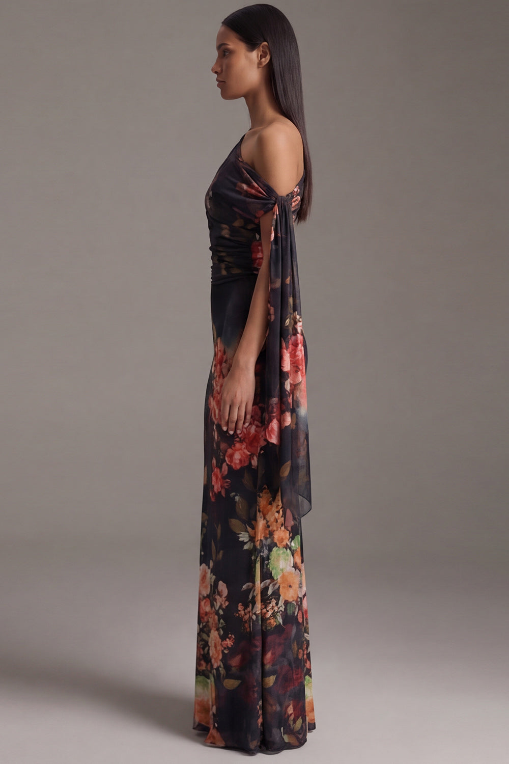 Floral Ruched Maxi Black Mermaid Beach Wedding Guest Dress
