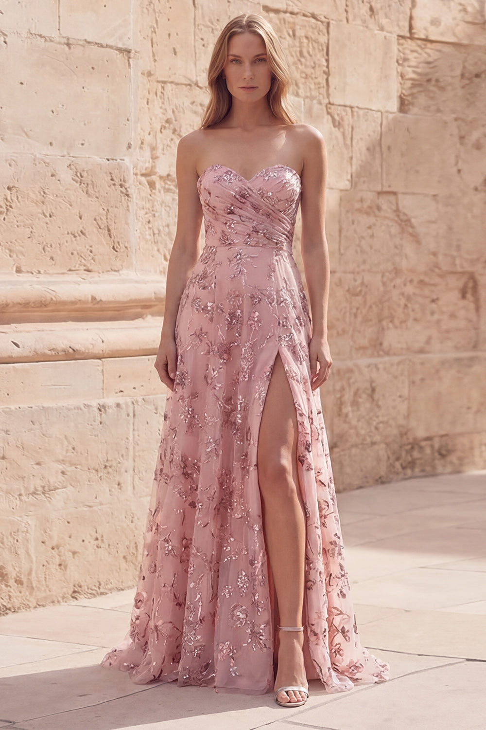 A Line Blush Sequin Strapless Long Prom Dress with Slit