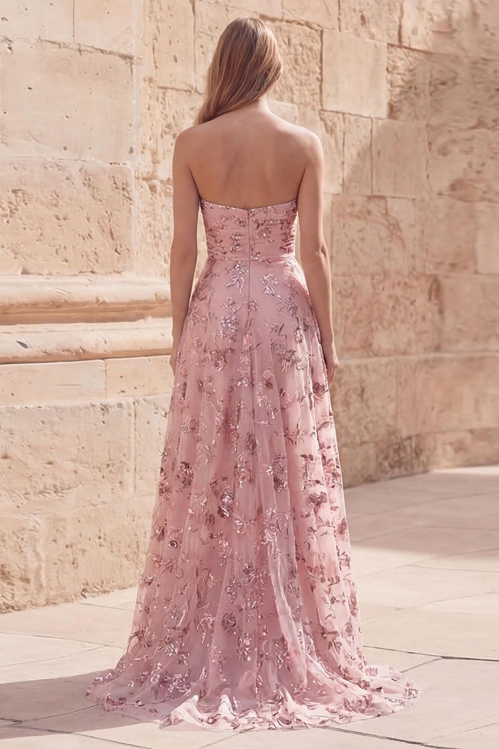A Line Blush Sequin Strapless Long Prom Dress with Slit