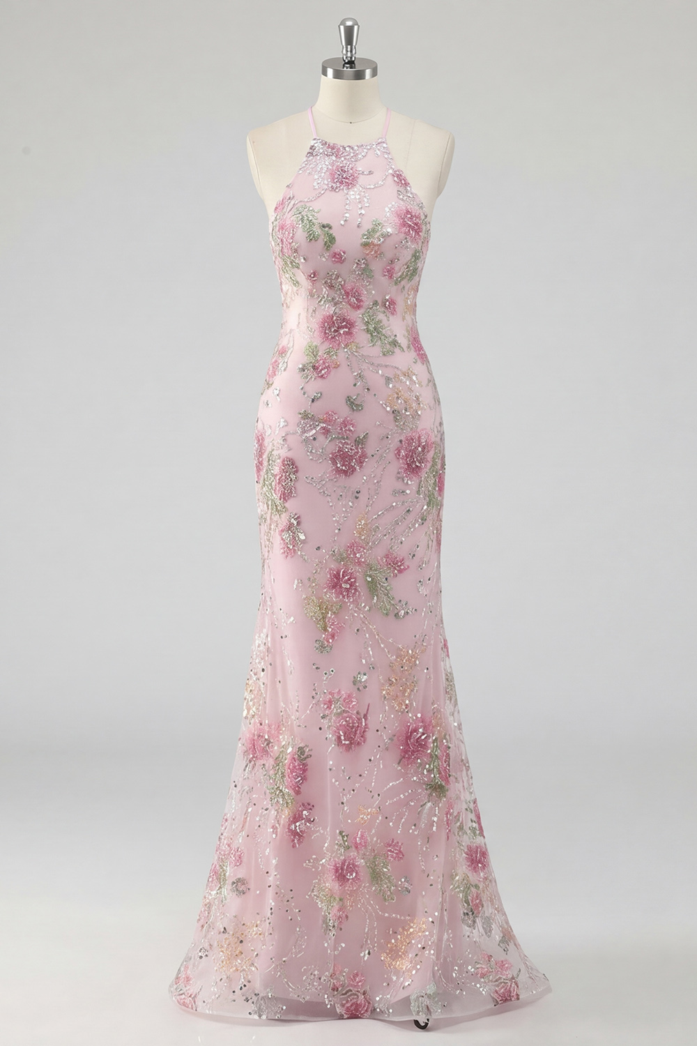 Sparkly Pink Mermaid Long Sequin Floral Prom Dress